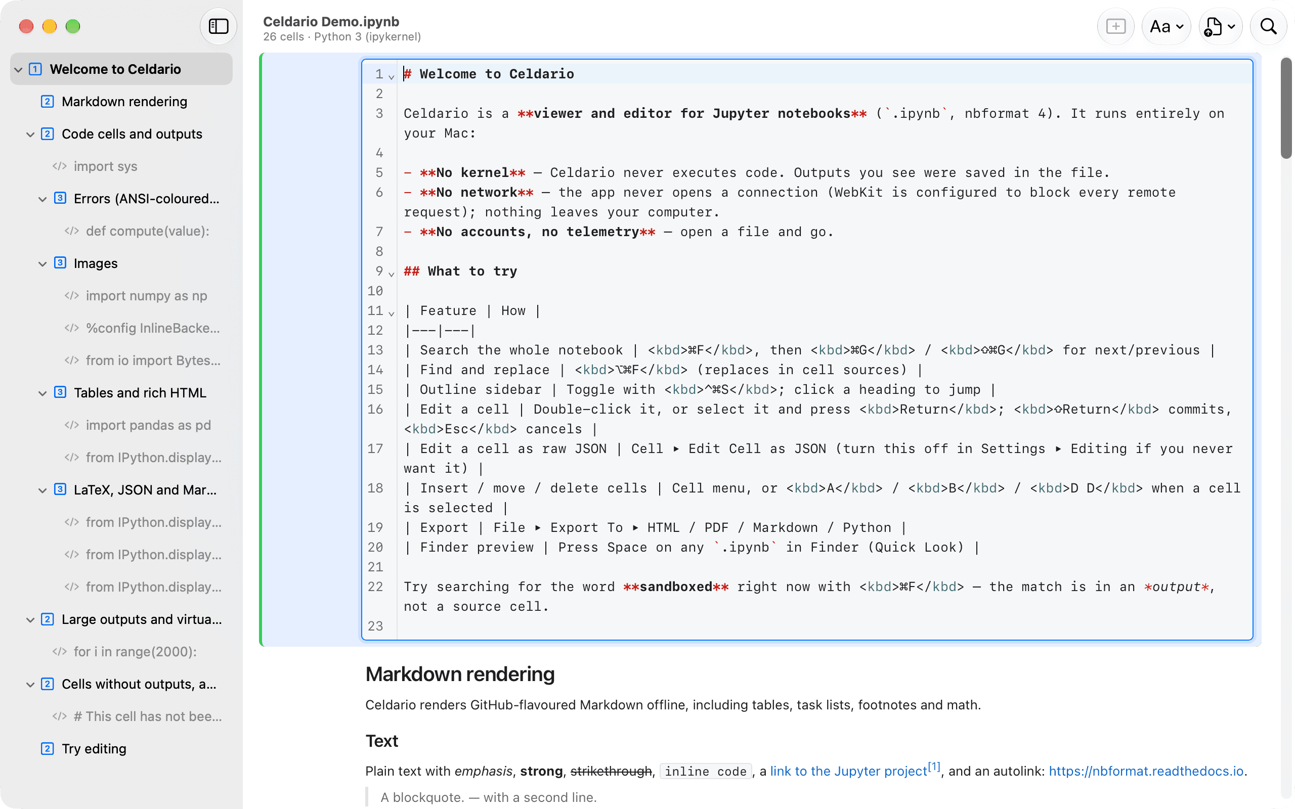 A Markdown cell being edited in place, with the editor replacing the rendered cell