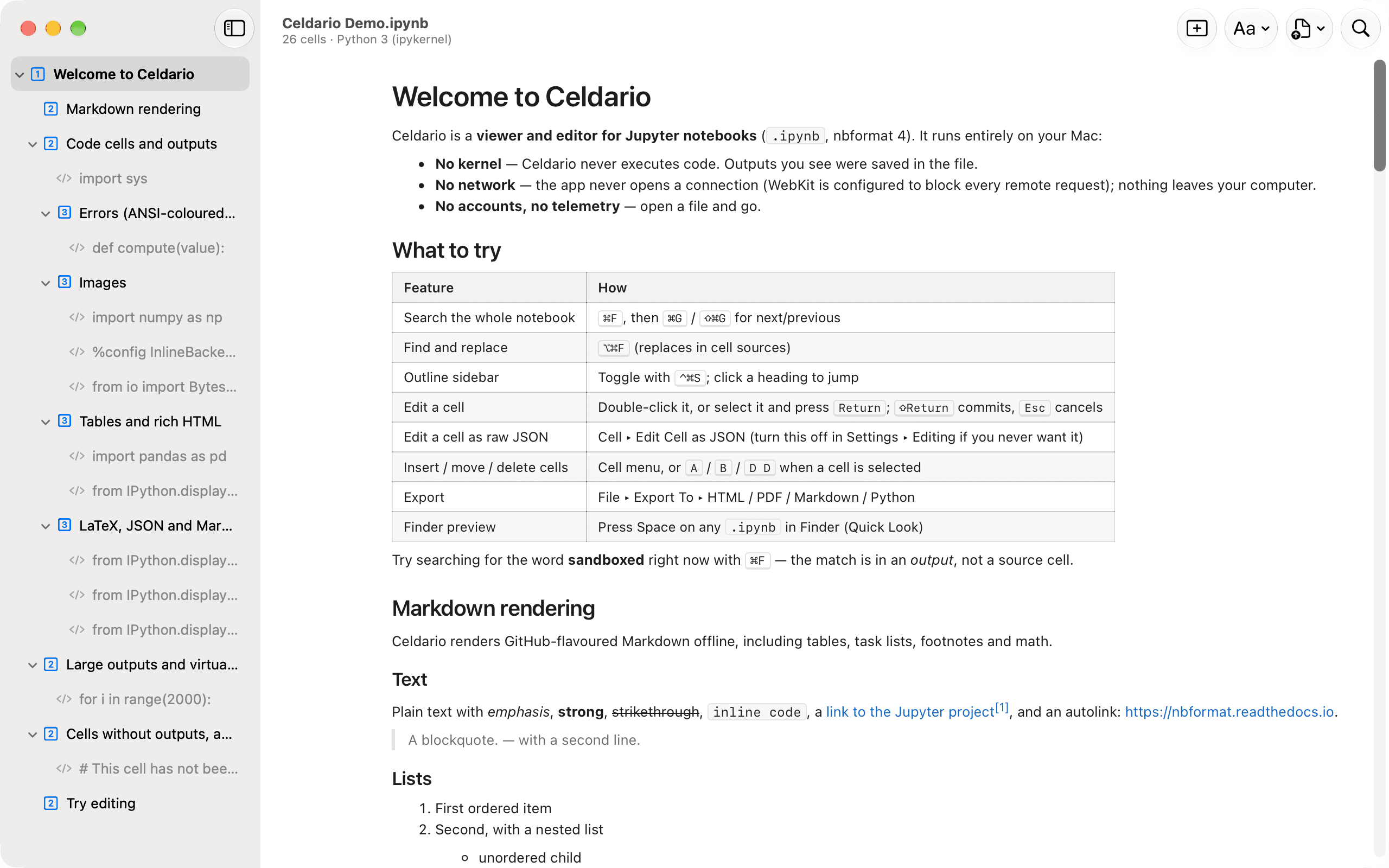 Celdario showing the demo notebook: an outline of headings and code cells in the sidebar, rendered Markdown and a table in the page