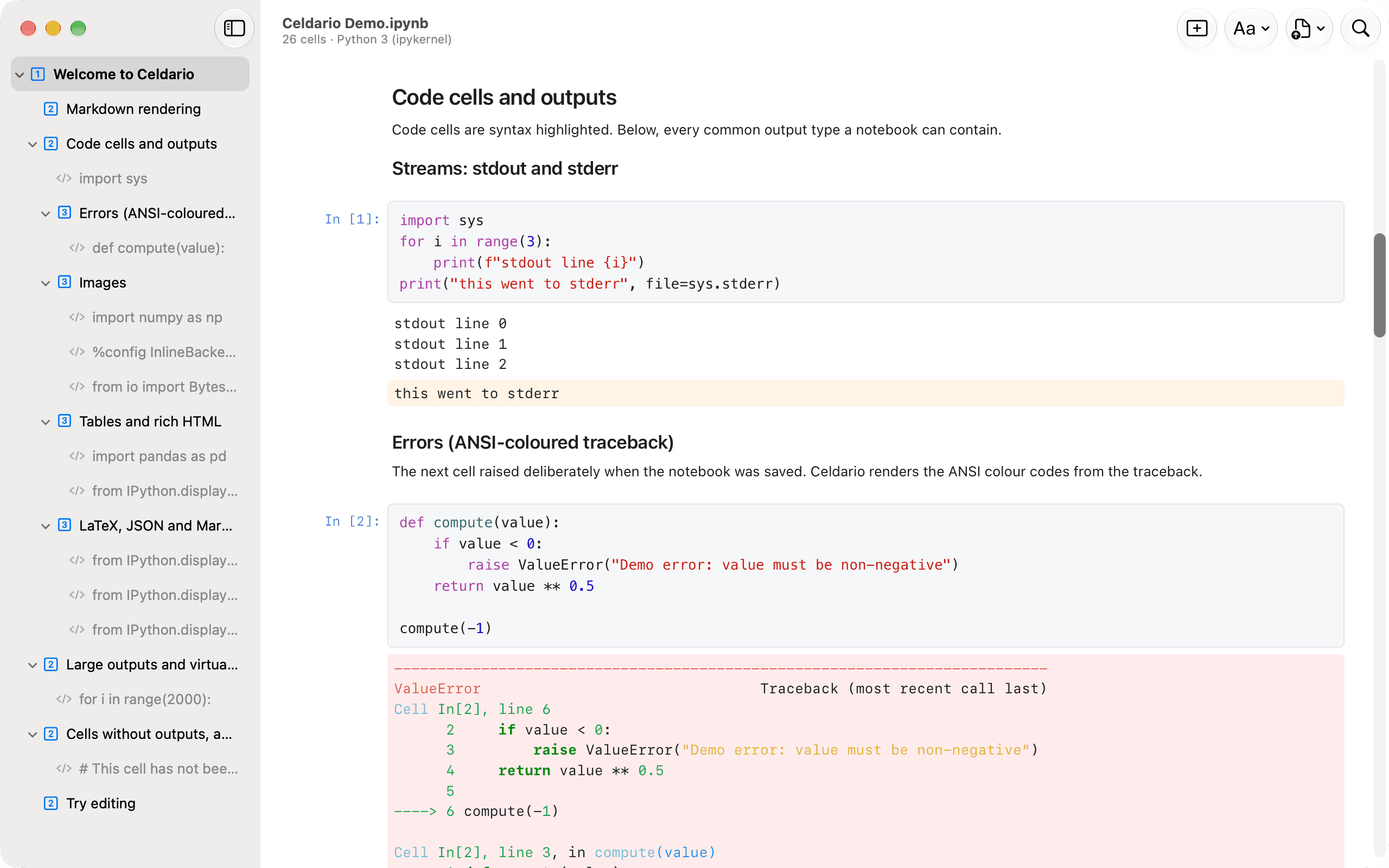 A code cell with an ANSI-coloured Python traceback, followed by image and table outputs